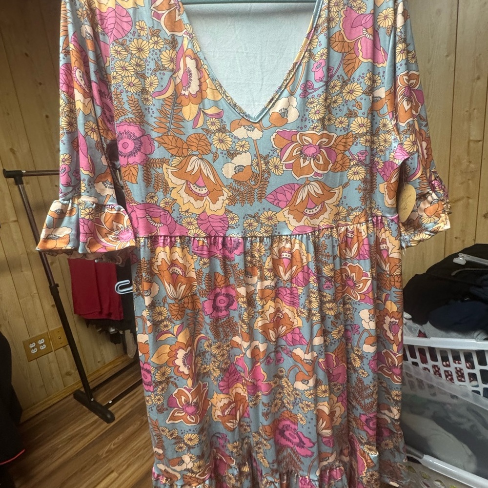Floral V-Neck Short Sleeve Women’s Dress in Pink & Orange